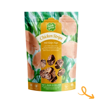 Irish Pure Chicken Strips mit Kelp Verpackung, zeigt Hühnerbilder und Text über 90% Hühnergehalt, keine Körner und hergestellt in Irland.