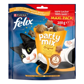 Bunte Felix Party Mix Katzenleckerlitasche mit einer verspielten schwarz-weißen Katze, "MAXI PACK," 200g, und Geschmacksrichtungen: Huhn, Leber, Truthahn.