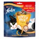 Bunte Felix Party Mix Katzenleckerlitasche mit einer verspielten schwarz-weißen Katze, "MAXI PACK," 200g, und Geschmacksrichtungen: Huhn, Leber, Truthahn.