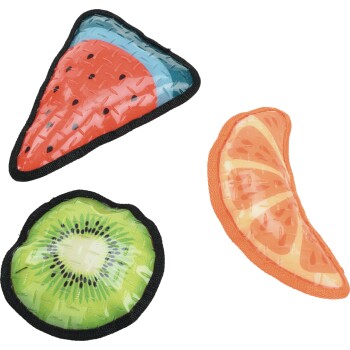 Set of three fruit-shaped pet chew toys resembling a strawberry slice, kiwi slice, and orange segment.
