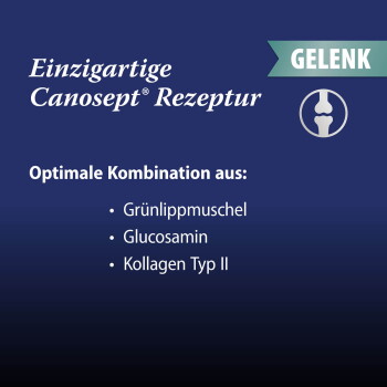 Blaues Gelenk-Etikett: 'Einzigartige Canosept® Rezeptur', 'GELENK'; listet Grünlippmuschel, Glucosamin, Kollagen Typ II.
