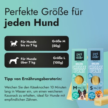 Himalayan Käse-Knochen-Hundeleckerlis in zwei Größen, M (50g) für Hunde bis 7 kg und L (100g) für Hunde über 7 kg, mit Pflegetipps.