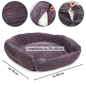 Graues Haustierbett mit gerippter Textur, Abmessungen beschriftet: Liegefläche ca. 75 x 65 cm, insgesamt ca. 80 x 70 cm.
