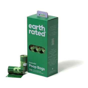 Boîte verte de sacs à crottes parfumés à la lavande Earth Rated, contenant 315 sacs, avec une fenêtre montrant les rouleaux à l'intérieur.