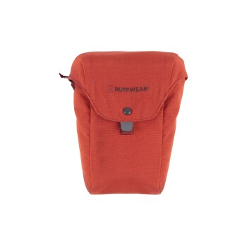 Ruffwear Hundeleckerli-Tasche in einem lebhaften Orangeton, mit einem Druckverschluss und dem Ruffwear-Logo auf der Vorderseite.