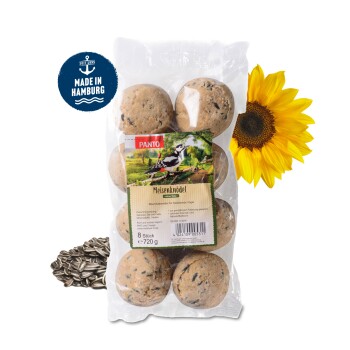 Packung mit 8 Vogelfutterbällen, beschriftet mit "Meisenknödel" für Wildvögel, mit einem Foto eines Vogels auf einem Ast und Nährwertangaben.