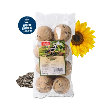 Packung mit 8 Vogelfutterbällen, beschriftet mit "Meisenknödel" für Wildvögel, mit einem Foto eines Vogels auf einem Ast und Nährwertangaben.