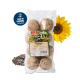 Packung mit 8 Vogelfutterbällen, beschriftet mit "Meisenknödel" für Wildvögel, mit einem Foto eines Vogels auf einem Ast und Nährwertangaben.