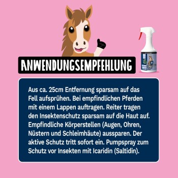 Eine Flasche "ParasitenSchutz Spray" mit Symbolen, die Insektenschutz, hautfreundlich und nahezu geruchlos anzeigen.