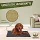 Gemütliche Hundematte mit Hanffüllung zur Temperaturregulierung, zeigt einen braunen Hund, der auf einer schwarzen Matte in einem stilvollen Wohnzimmer liegt.