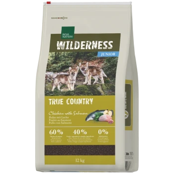 Real Nature Wilderness 'Junior True Country' Hundefutterbeutel, Huhn mit Lachs, 12 kg, Wolfswelpenbild, 60%/40%/0%.