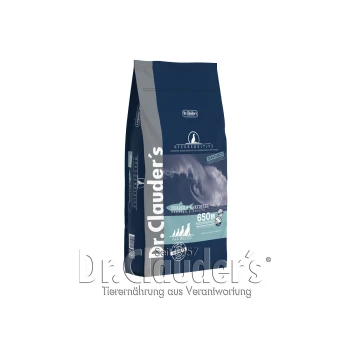 Dr. Clauder's HypoSensitive Hundefutterbeutel mit Hering und Kartoffel, 650g, geeignet für alle Rassen, mit einem blauen und grauen Design.