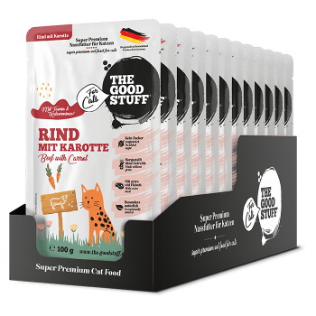 Displaybox mit Beuteln 'The Good Stuff' Katzenfutter mit der Aufschrift 'Rind mit Karotte / Beef with Carrot' und orangefarbener Katzenillustration