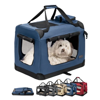 Tragbare Haustierbox in Marineblau mit Netzfenstern und einem weichen Innenraum, präsentiert mit Optionen in Schwarz, Rot, Beige und Grau.