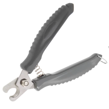 Gray spring-loaded pet nail clippers with textured grips, stainless steel cutting head and metal locking ring.