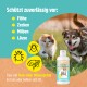 Flasche mit GREEN HERO Floh- und Zecken-Shampoo für Haustiere, mit einer Katze und einem Hund auf dem Etikett, mit "Made in Germany" Emblem.