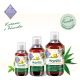 Drei Flaschen Hanföl für Katzen, gekennzeichnet mit Vorteilen wie Omega-3- und Omega-6-Fettsäuren, von Chrono Balance.