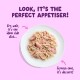 Shredded wet pet food on white plate on pink with headline 'Perfect Appetiser' and small captions: side dish, dessert
