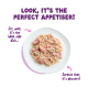 Shredded wet pet food on white plate on pink with headline 'Perfect Appetiser' and small captions: side dish, dessert