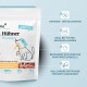 Verpackung für Hähnchenwürstchen für Hunde, gekennzeichnet mit "Sensitiv," die Vorteile wie getreidefrei, glutenfrei und ideal für empfindliche Esser hervorhebt.