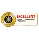 Goldzertifizierungsabzeichen mit dem "DLG"-Logo, gekennzeichnet mit "EXCELLENT" und Häkchen für Herkunft, Zutaten und Produktion.