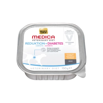 Wählen Sie Gold Medica Veterinary Diet pâté für Hunde, gekennzeichnet mit "Reduktion + Diabetes", 150g, entwickelt für das Management von Fettleibigkeit und Diabetes.