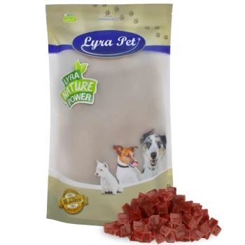 Entenbrustwürfel 1 kg Lyra Pet Hundeleckerli-Packung mit einer beigen Tüte mit grünem 'Lyra Nature Power'-Label, neben kleinen roten Leckerli-Würfeln.