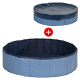 Runder Haustierpool in Blau und Marine, mit einem zusammenklappbaren Design. Enthält ein "+"-Symbol, das zusätzliche Funktionen oder Artikel anzeigt.