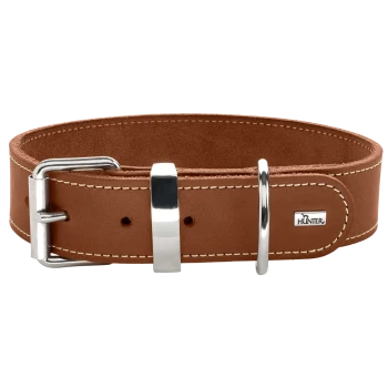 Brauner Leder-Hundehalsband mit silberner Metallschnalle und D-Ring, mit weißen Nähten und einem kleinen "HUNTER"-Logo.