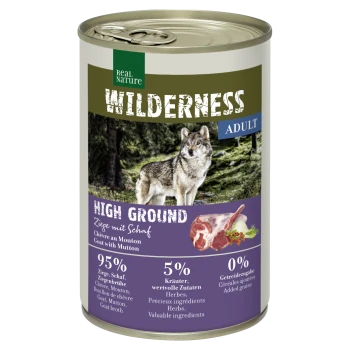 Dose mit Haustierfutter mit der Aufschrift "Wilderness High Ground" und einem Wolf auf dem Etikett, mit 95% Ziegen- und Schaffleisch, 5% Kräutern und 0% zugesetzten Getreiden.