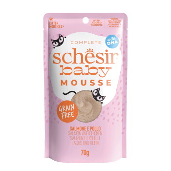 Schesir Baby Mousse grain-free kitten food pouch, salmon and chicken flavor, 70g, with DHA and taurine.