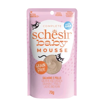 Schesir Baby Mousse grain-free kitten food pouch, salmon and chicken flavor, 70g, with DHA and taurine.