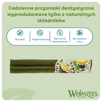 Gryzaki Whimzees: trzy zielone warzywne pałeczki, przekrój składników (banan, groszek); tekst po polsku: naturalne, bez zbóż.
