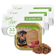 Hundefutterverpackung mit "Gino's Feine Paté" und einem lächelnden Rottweiler, 150g Portion und dem Text "Reich an Rind", insgesamt 33 Stück.