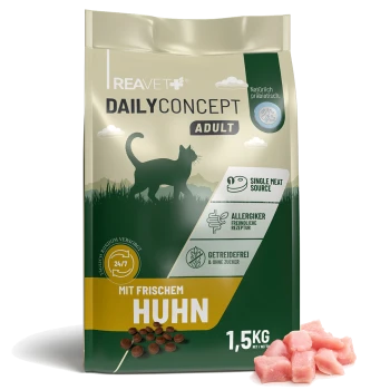 Tüte Daily Concept Adult Katzenfutter (mit frischem Huhn) 1,5 kg, Kroketten und Stücke rohen Huhns sichtbar, getreidefrei, nur eine Fleischquelle.