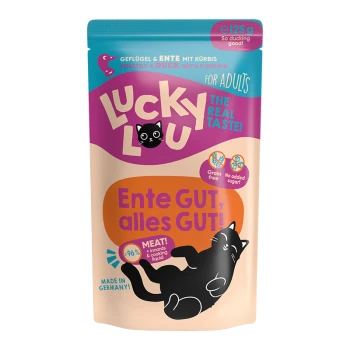 Tüte mit Lucky Lu Katzenfutter mit einer Illustration einer schwarzen Katze, beschriftet "Geflügel & Ente mit Kürbis", getreidefrei, 96% Fleisch.
