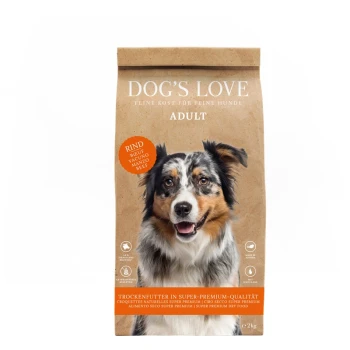 Braune Papiertüte mit Hundefutter für erwachsene Hunde von DOG'S LOVE, mit einem Rindfleischetikett und Text in deutscher Sprache, der auf super-premium Qualität hinweist.
