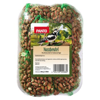 Eine Tüte Nussfutter für Wildvögel, beschriftet mit "Nussbeutel" und einer Illustration eines Spechts, enthält 500g gemischte Nüsse.