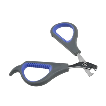 Huisdierennagelknippers met ergonomische grijze en blauwe handvatten, met een gebogen mes voor nauwkeurig snijden en een veiligheidsbescherming.