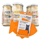 Katzensnacks und eine orangefarbene LickiMat. Vier Smoothie-Flaschen beschriftet mit "Fisch", "Huhn" und "Ente" auf Deutsch.
