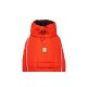 Helle orange Hundejacke mit Kapuze, mit einem weißen Reißverschluss und einem Ruffwear-Logo-Patch auf der Vorderseite.
