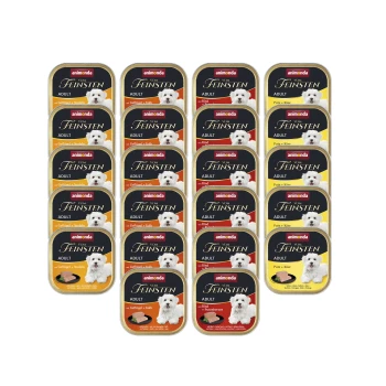 Vom Feinsten Adult Feinschmecker Vielfalt 22x150g Verschiedene Dosen Animonda Feinsten Hundefutter für Erwachsene in Rind-, Huhn- und Truthahn-Geschmack, mit einem weißen Hund auf den Etiketten.