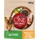 Purina ONE Mini/Small Hundefutter, 800g, zeigt farbenfrohes Huhn, Reis und Gemüse, beschriftet mit "AKTIV" und "REICH AN HUHN, MIT REIS."