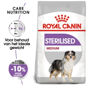 Royal Canin Sterilised Medium hondenvoer zak, met een paarse label, voedingsinformatie en een claim van -10% minder calorieën.