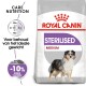 Royal Canin Sterilised Medium hondenvoer zak, met een paarse label, voedingsinformatie en een claim van -10% minder calorieën.