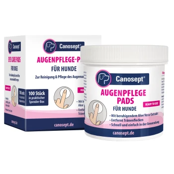 Canosept Augenpflege-Pads für Hunde: 100 gebrauchsfertige Pads mit Aloe Vera zur Augenreinigung und -pflege, in einer Box und Behälterdesign.
