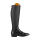Schwarze Reitstiefel mit einem eleganten Design, mit einem hohen Schaft und einem kontrastierenden orangefarbenen Futter.