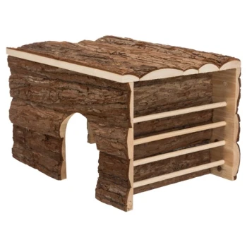 Holzversteck für Haustiere mit einer rindenähnlichen Außenseite, mit einem Bogen-Eingang und mehreren Regalen für kleine Tiere.
