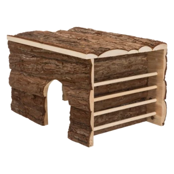 Holzversteck für Haustiere mit einer rindenähnlichen Außenseite, mit einem Bogen-Eingang und mehreren Regalen für kleine Tiere.