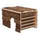 Holzversteck für Haustiere mit einer rindenähnlichen Außenseite, mit einem Bogen-Eingang und mehreren Regalen für kleine Tiere.